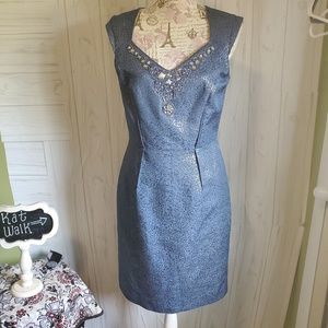 Tahari Blue Midi Dress with Embellished Neckline